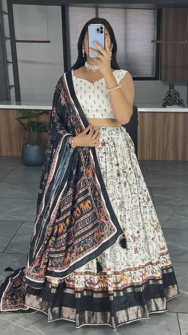 Kalamkari Printed Dola Silk Lehenga Choli Set with Chinon Dupatta (Stitched Lehenga)