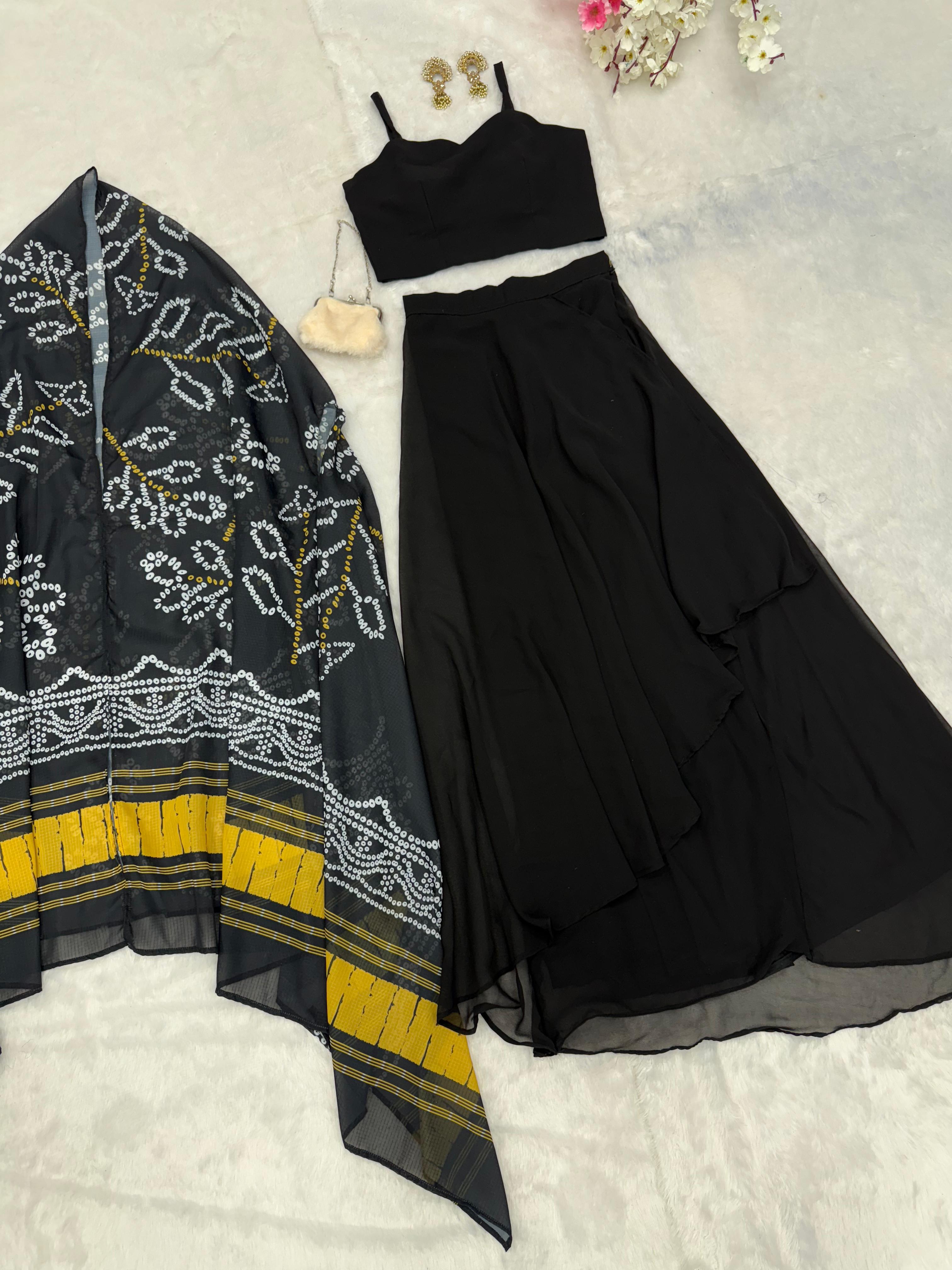 Exclusive Georgette Drape Skirt Set with Kodi Work Blouse & Kota Checks Shrug – SC-279