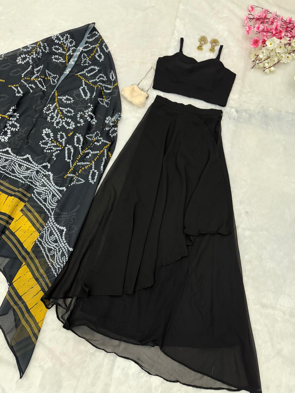 Exclusive Georgette Drape Skirt Set with Kodi Work Blouse & Kota Checks Shrug – SC-279