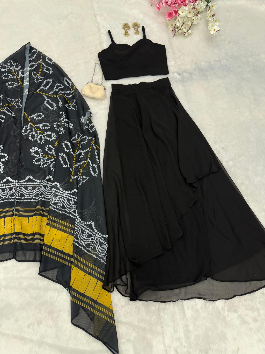 Exclusive Georgette Drape Skirt Set with Kodi Work Blouse & Kota Checks Shrug – SC-279