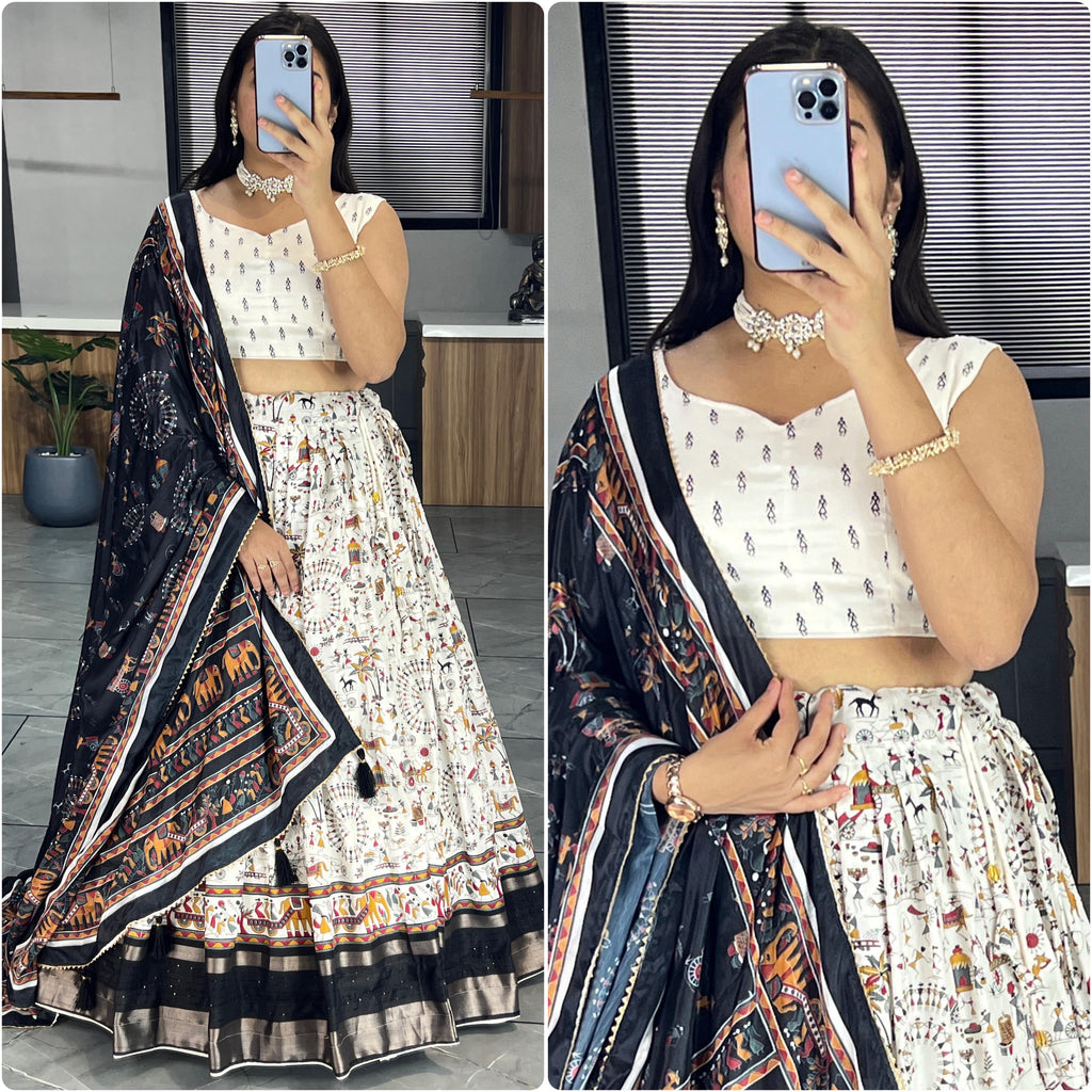 Kalamkari Printed Dola Silk Lehenga Choli Set with Chinon Dupatta (Stitched Lehenga)