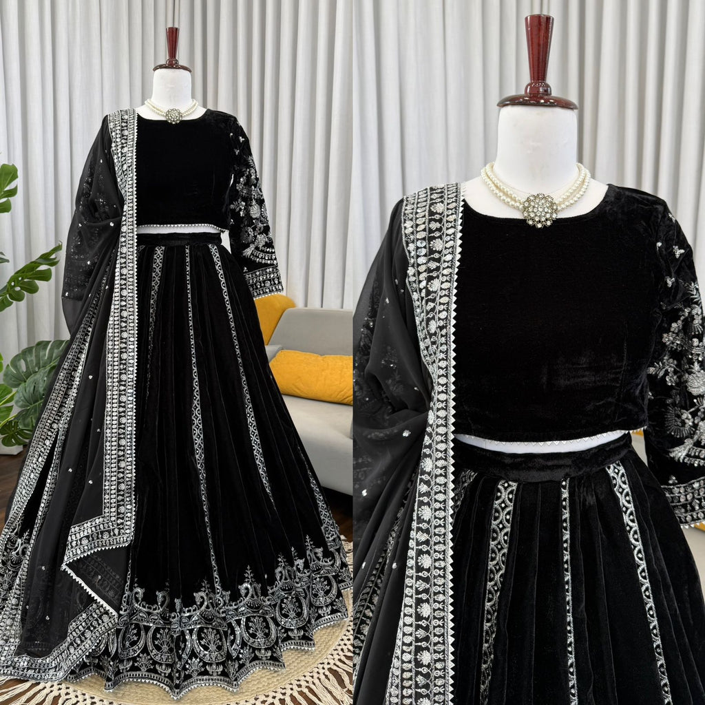 Velcrone Black Velvet Heavy Embroidered Lehenga Set –  Premium Boutique Collection