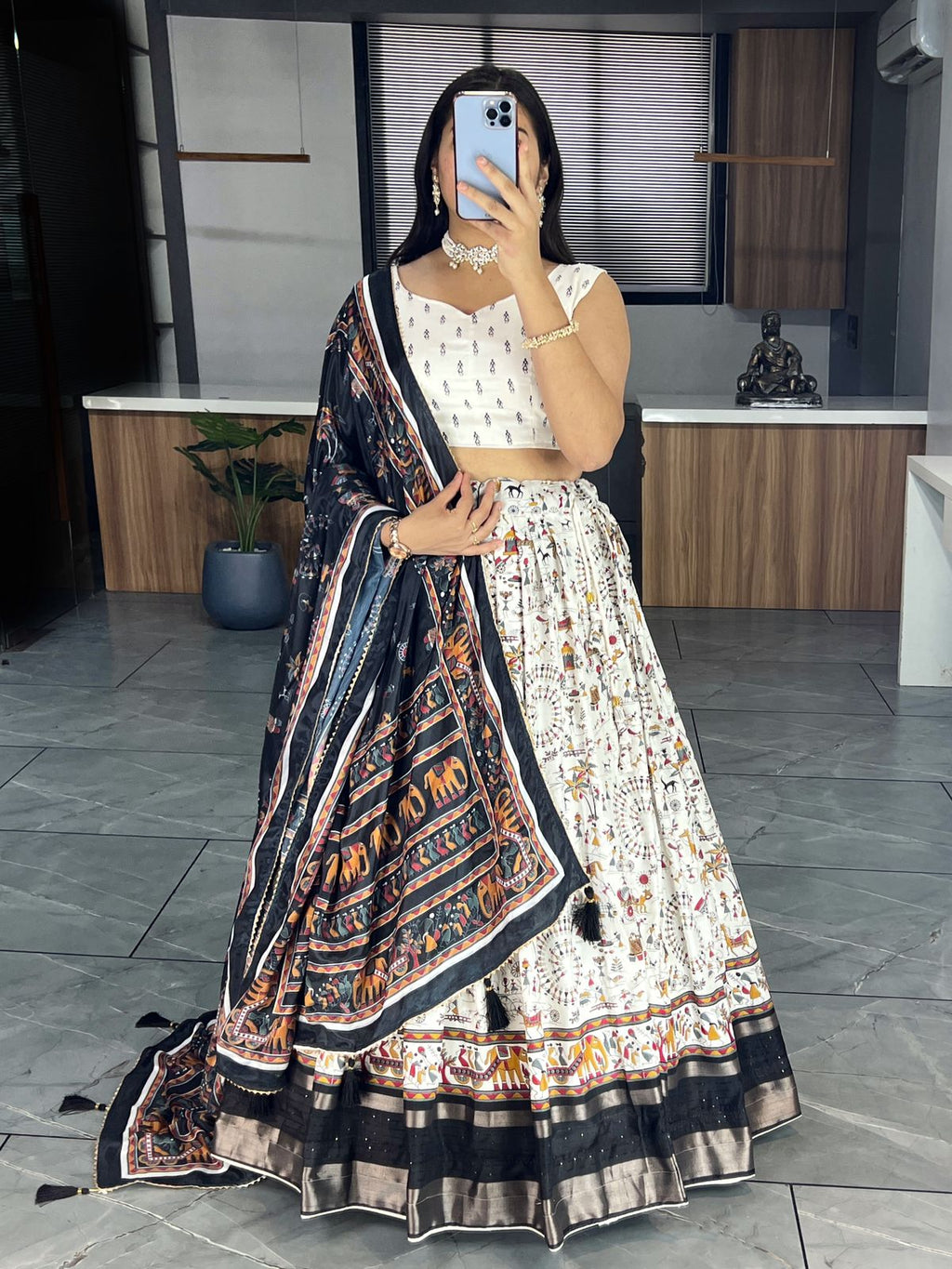 Kalamkari Printed Dola Silk Lehenga Choli Set with Chinon Dupatta (Stitched Lehenga)