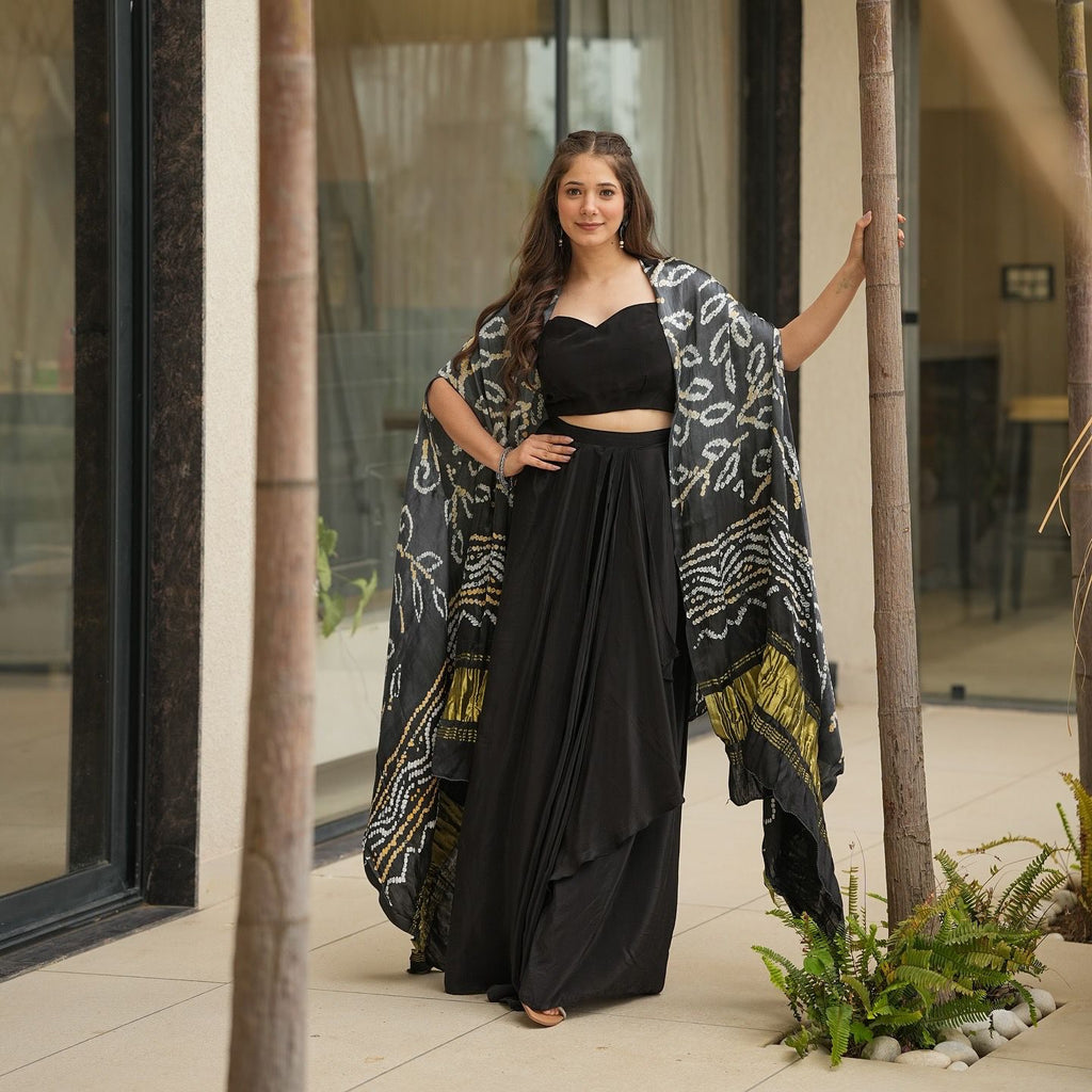 Exclusive Georgette Drape Skirt Set with Kodi Work Blouse & Kota Checks Shrug – SC-279