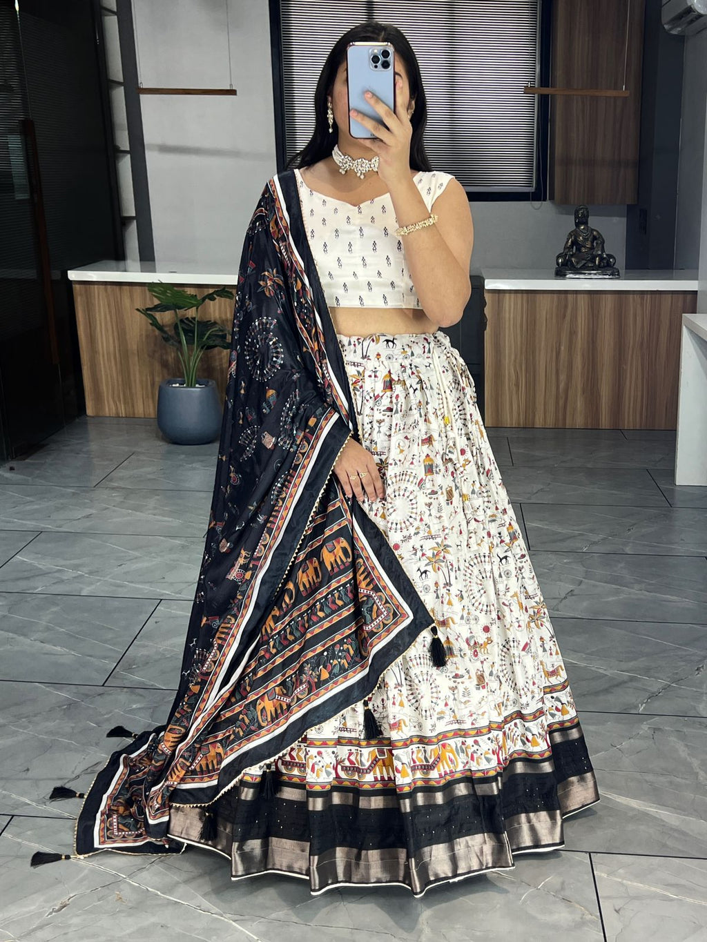 Kalamkari Printed Dola Silk Lehenga Choli Set with Chinon Dupatta (Stitched Lehenga)