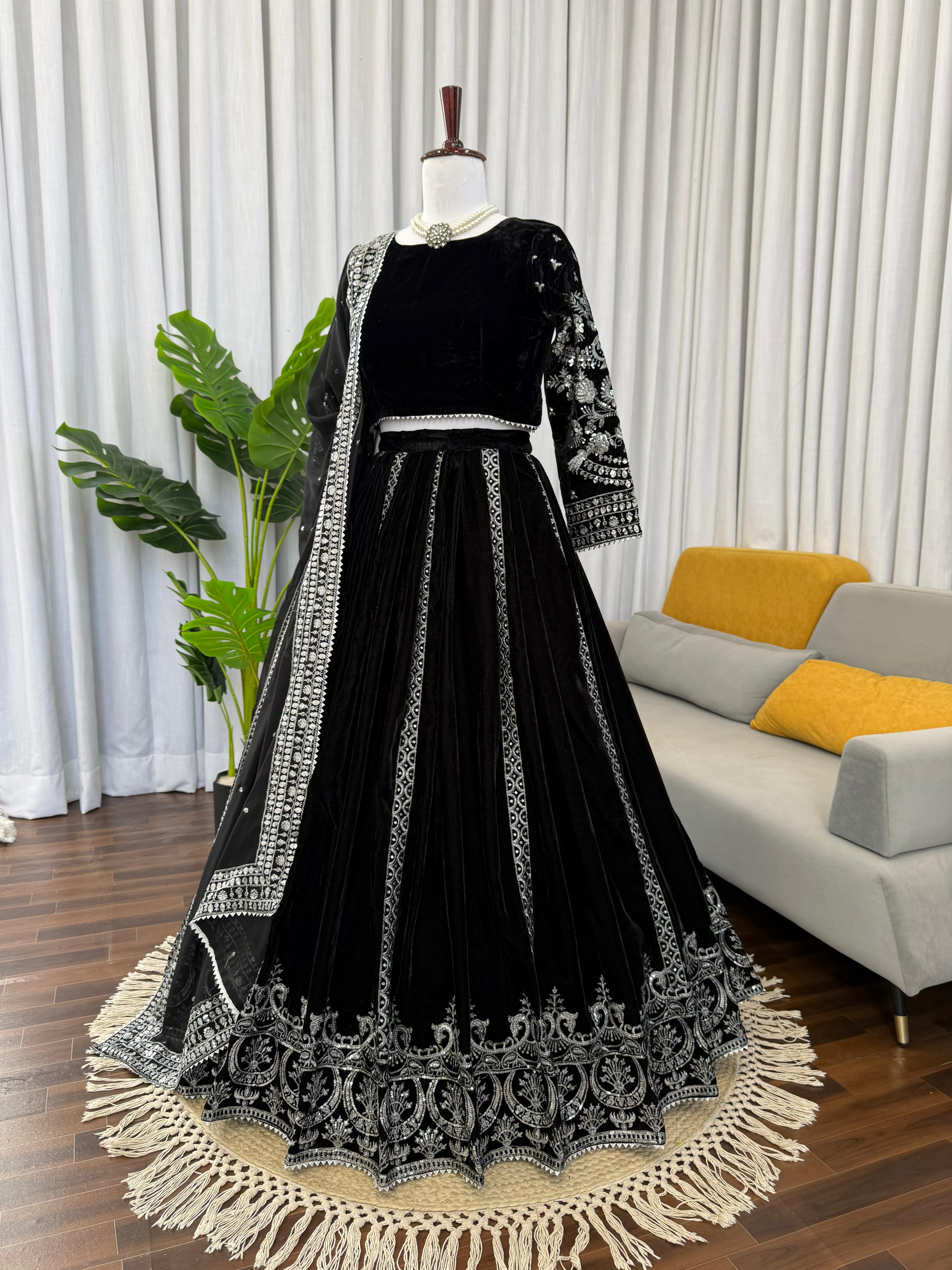 Velcrone Black Velvet Heavy Embroidered Lehenga Set –  Premium Boutique Collection