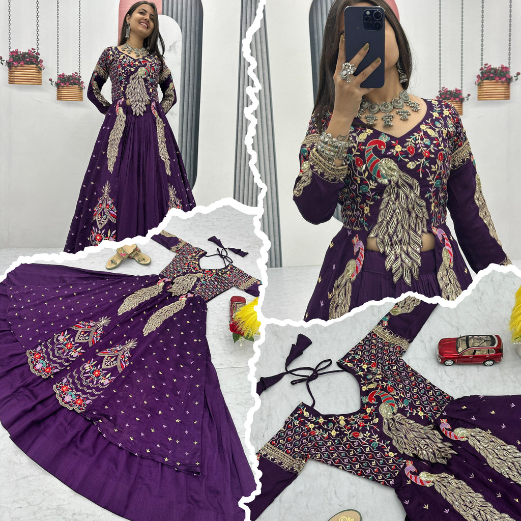 Velcrone Premium Vichitra Embroidered Crop Top–Lehenga–Shrug Set