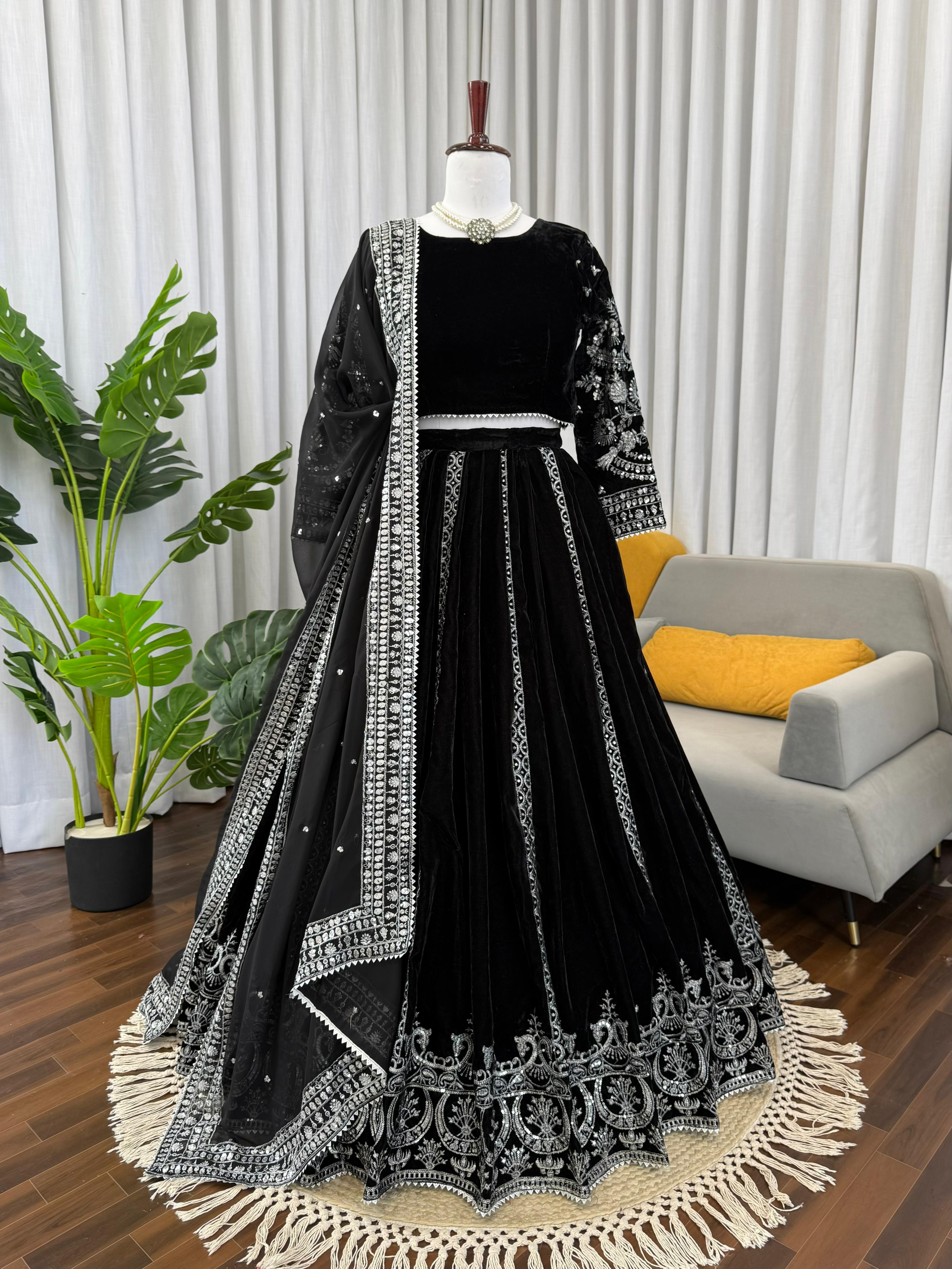 Velcrone Black Velvet Heavy Embroidered Lehenga Set –  Premium Boutique Collection
