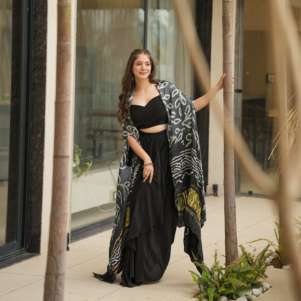 Exclusive Georgette Drape Skirt Set with Kodi Work Blouse & Kota Checks Shrug – SC-279