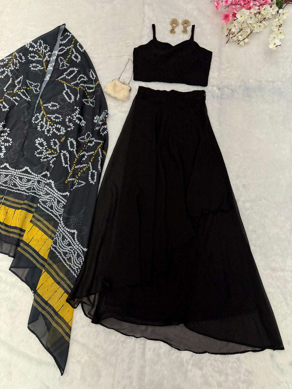 Exclusive Georgette Drape Skirt Set with Kodi Work Blouse & Kota Checks Shrug – SC-279