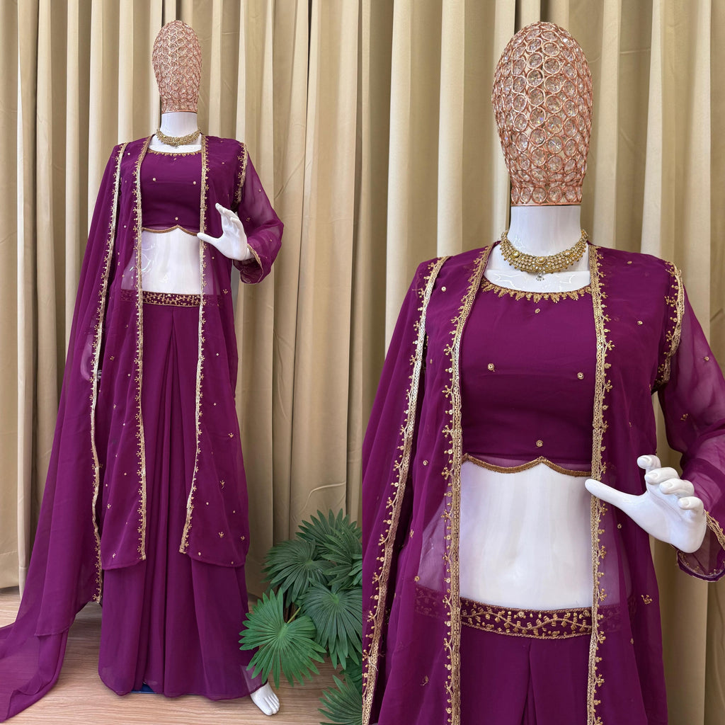 Premium Faux Georgette 3-in-1 Designer Lehenga Koti Dupatta Set With Embroidery Work | Festive Collection