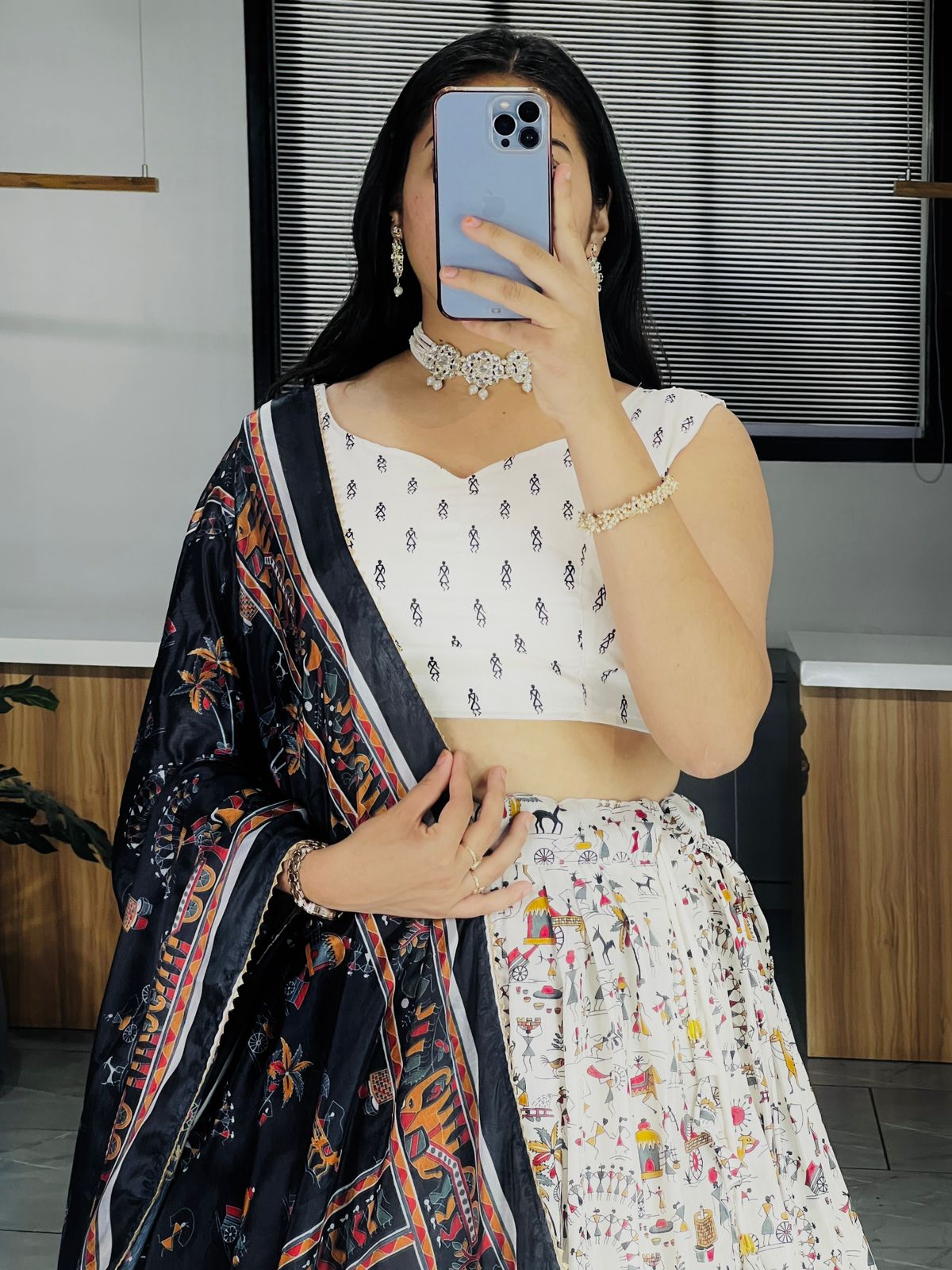 Kalamkari Printed Dola Silk Lehenga Choli Set with Chinon Dupatta (Stitched Lehenga)