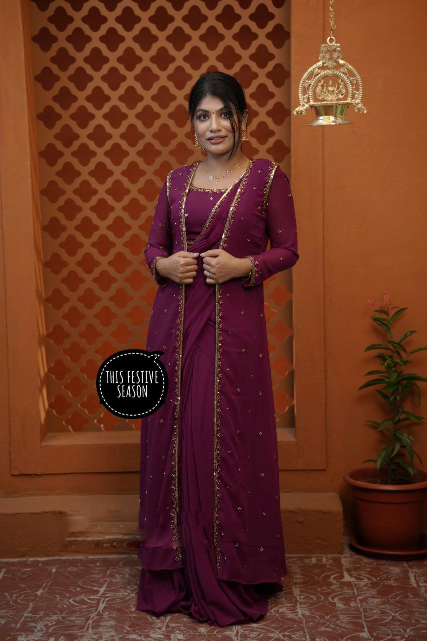 Premium Faux Georgette 3-in-1 Designer Lehenga Koti Dupatta Set With Embroidery Work | Festive Collection