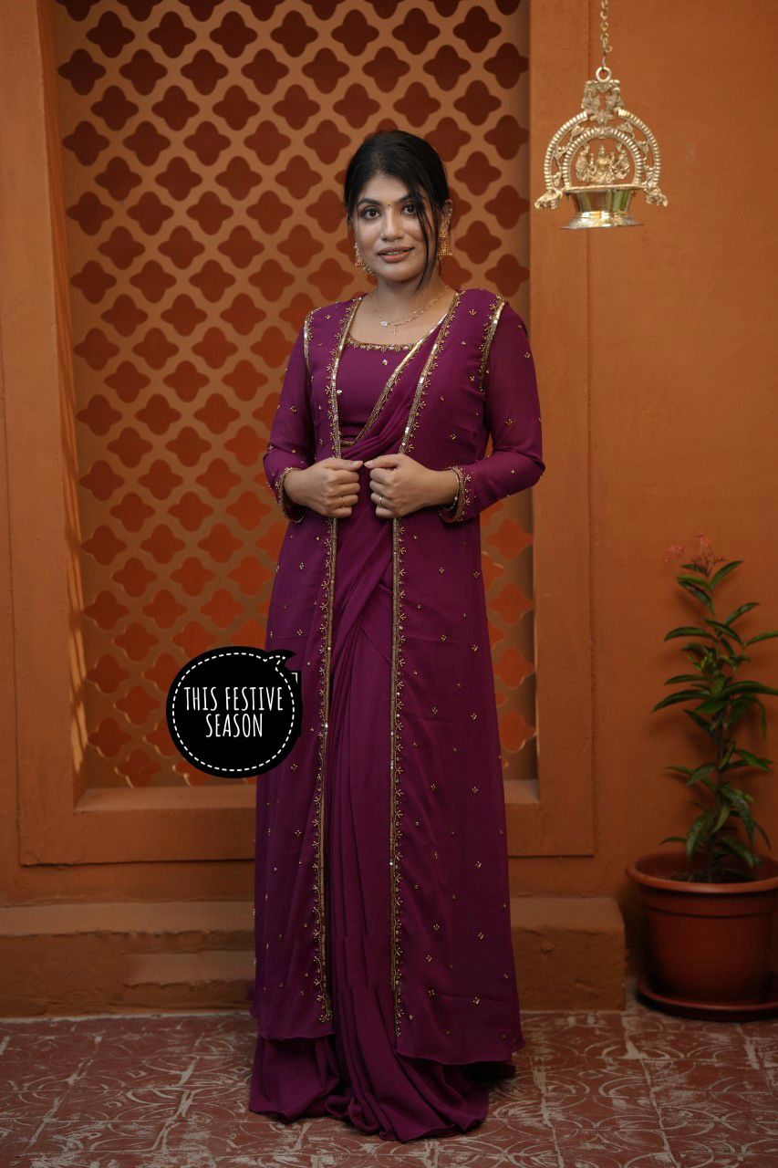 Premium Faux Georgette 3-in-1 Designer Lehenga Koti Dupatta Set With Embroidery Work | Festive Collection