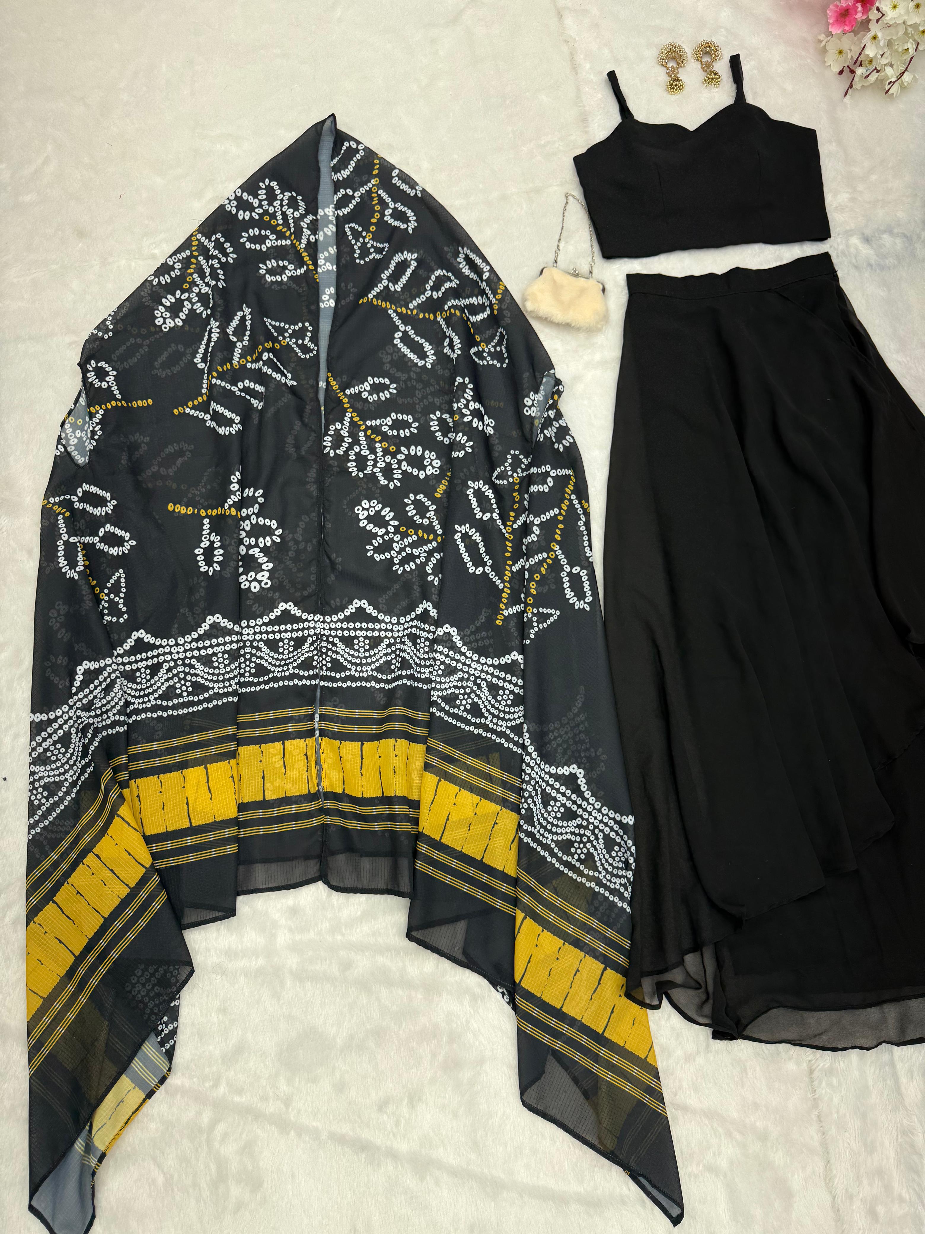 Exclusive Georgette Drape Skirt Set with Kodi Work Blouse & Kota Checks Shrug – SC-279