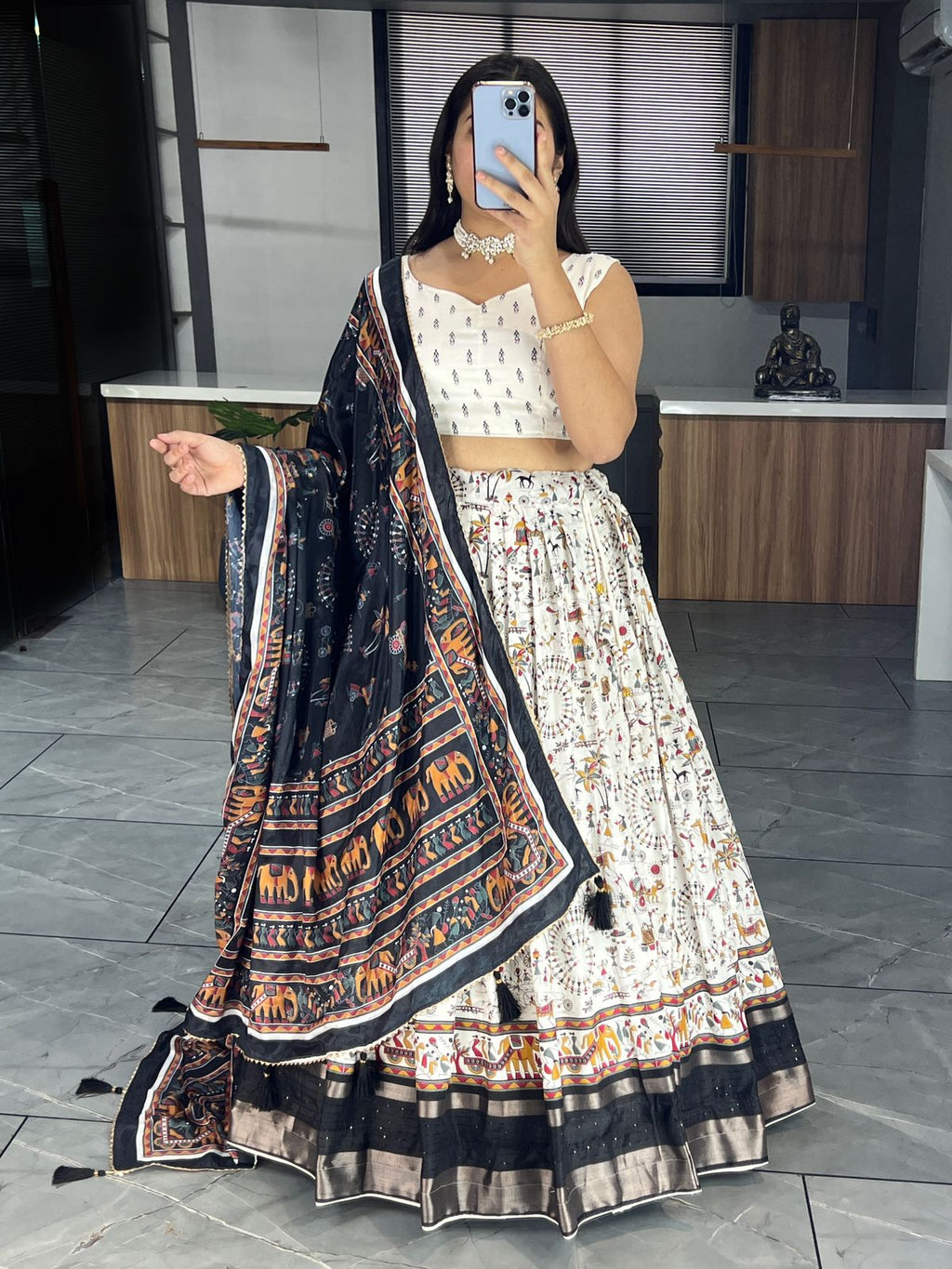 Kalamkari Printed Dola Silk Lehenga Choli Set with Chinon Dupatta (Stitched Lehenga)