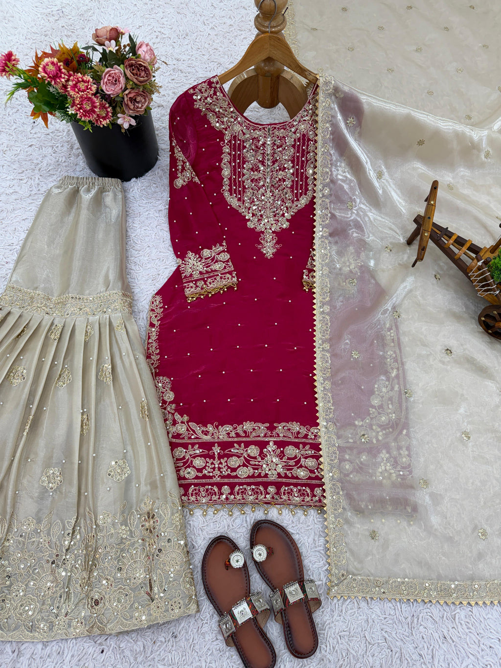 Premium Jimmy Choo Silk Embroidered Top–Plazzo with Dupatta | Fully Stitched Party Wear Set