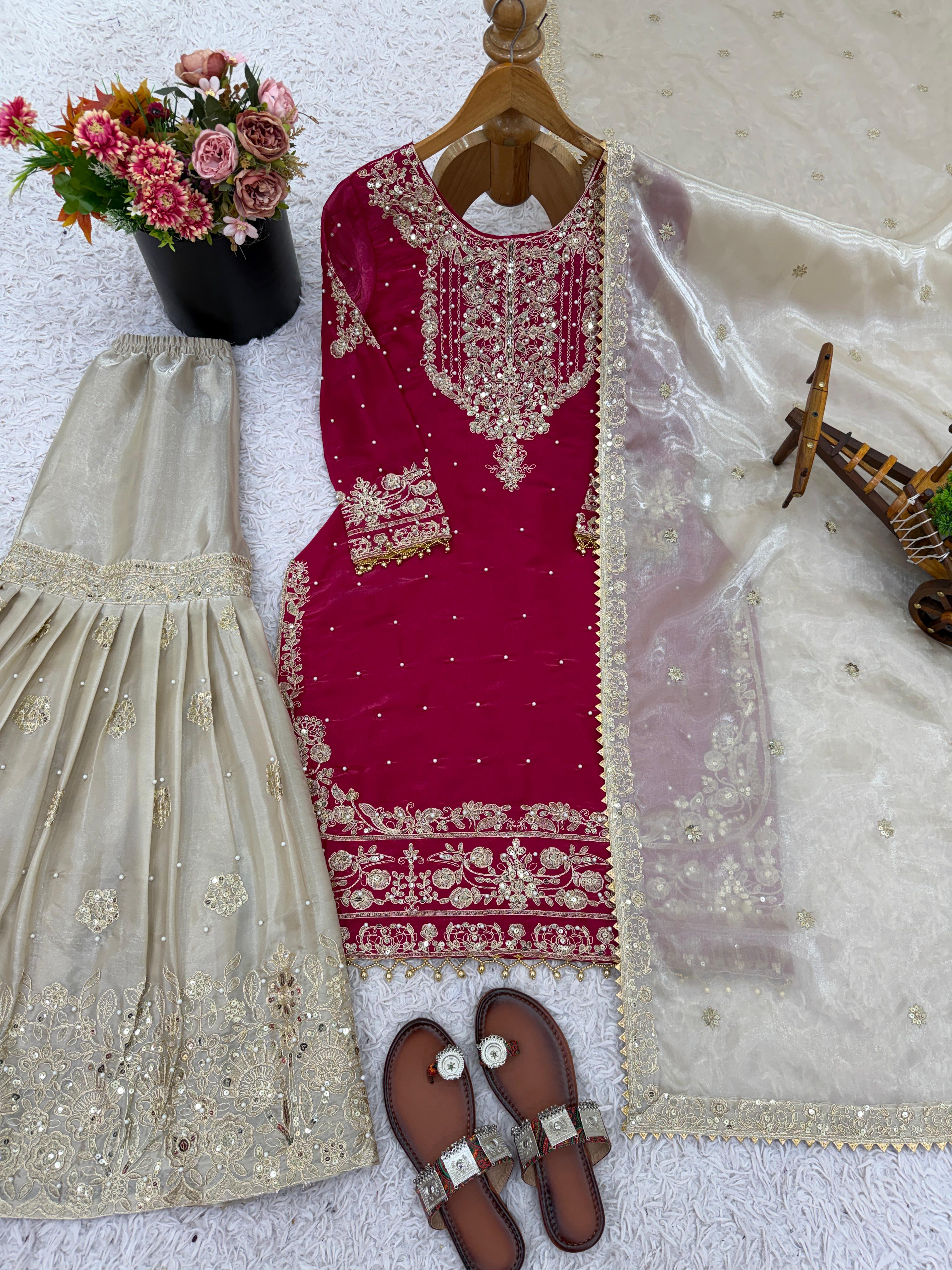 Premium Jimmy Choo Silk Embroidered Top–Plazzo with Dupatta | Fully Stitched Party Wear Set