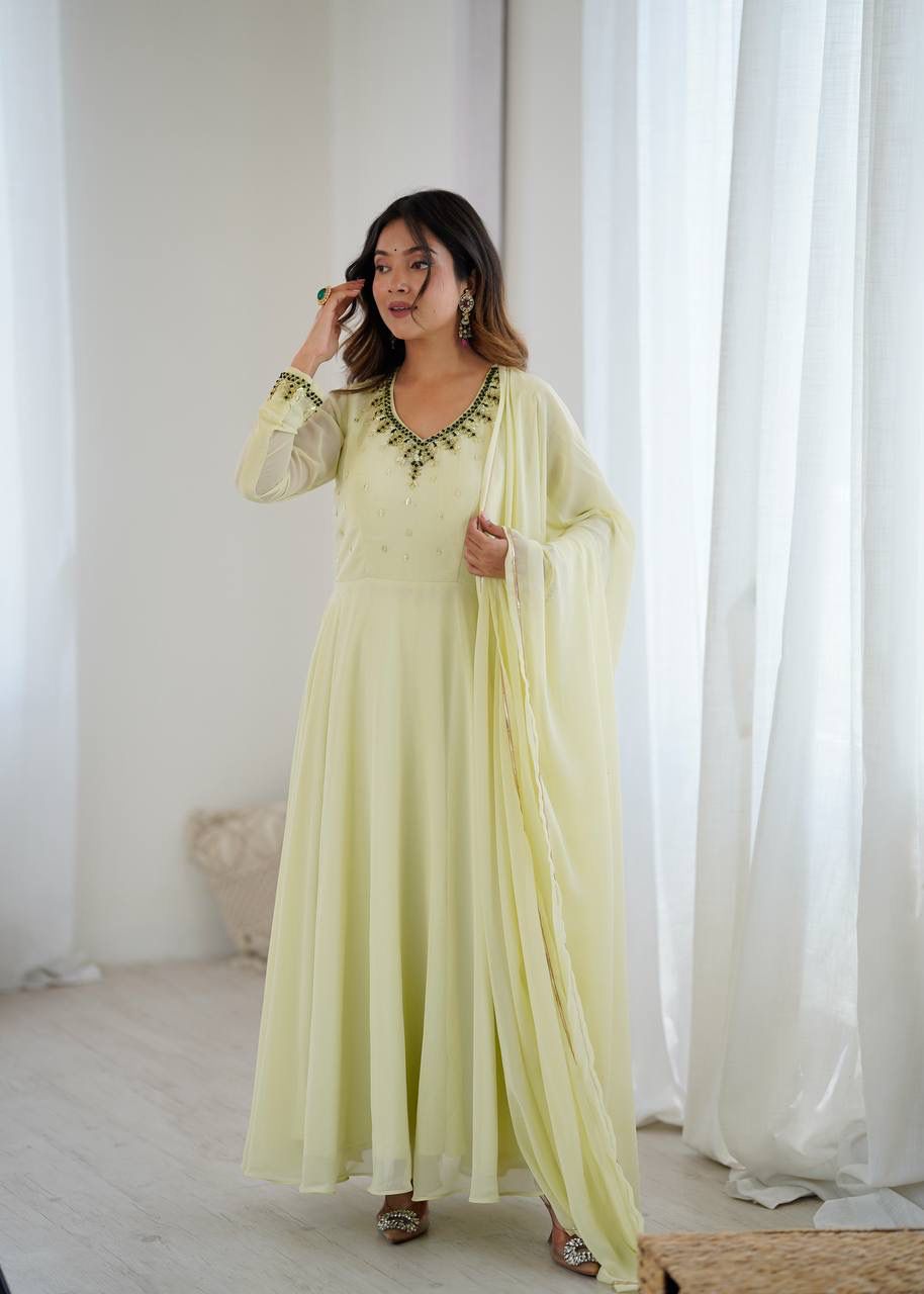 Designer Fox Georgette Party Wear Gown Set with Dupatta & Pant